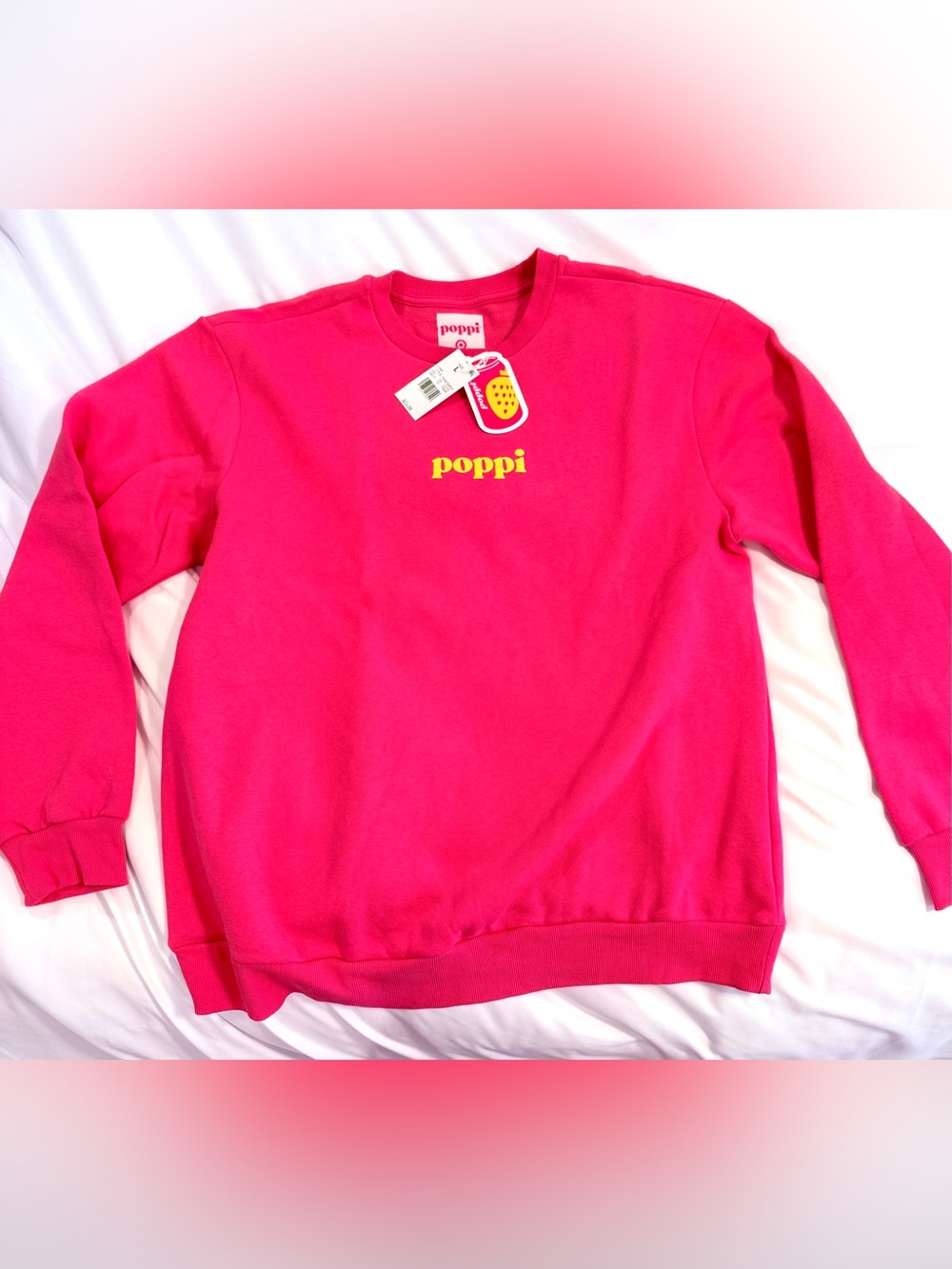 Poppi Women's Hot Pink Crewneck Sweatshirt with Yellow Poppi Logo - NEW WITH TAG